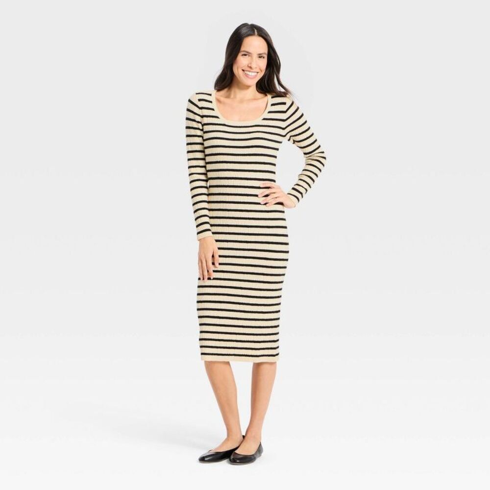 Women's Long Sleeve Textured Transitional Midi Sweater Dress - Cream Striped XS